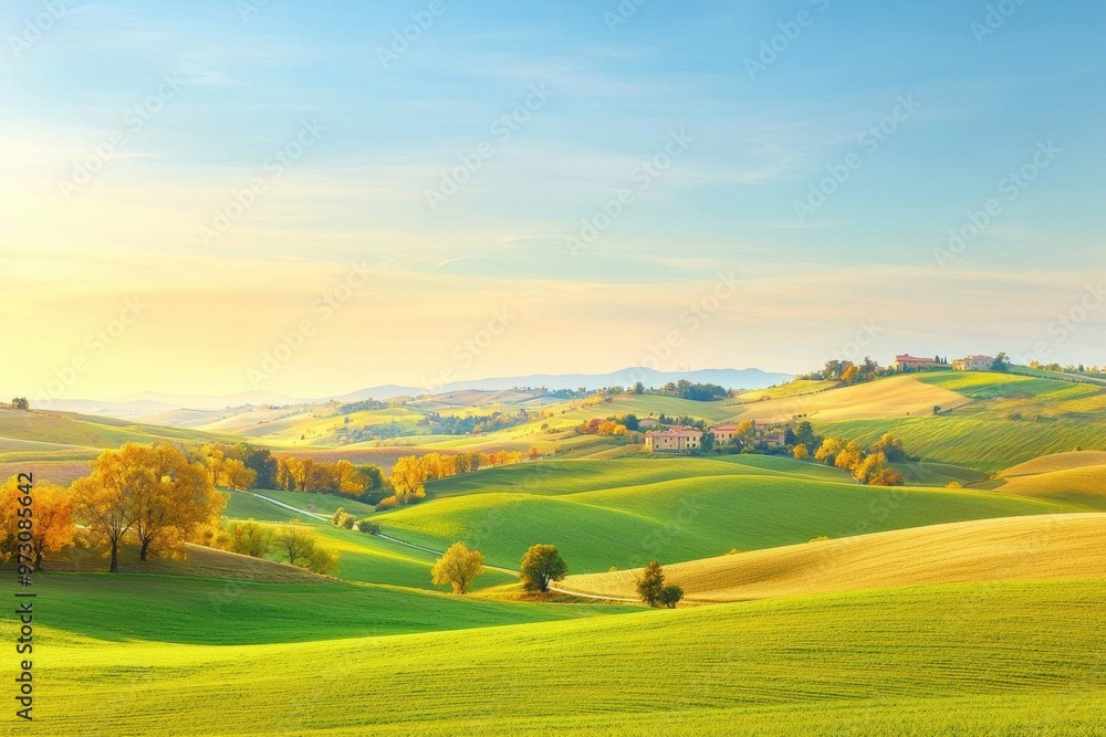 Obraz premium Thanksgiving countryside with rolling hills and golden autumn light The peaceful scenery evokes the tranquility of the season