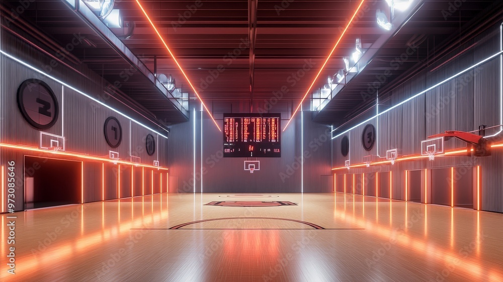 Fototapeta premium Capture a scene of a basketball gym equipped with LED lighting, sleek gymnasium floor design,