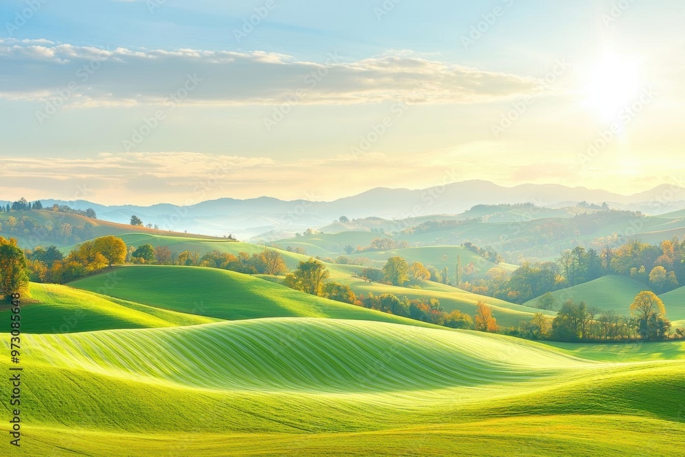 Obraz premium Thanksgiving countryside with rolling hills and golden autumn light The peaceful scenery evokes the tranquility of the season