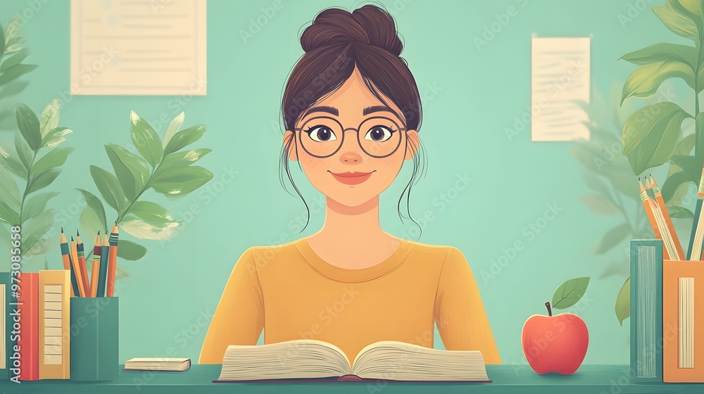Teacher at a desk surrounded by books, pencils, and an apple, with a playful classroom background in cartoon animation vector style. Teacher at a desk surrounded by books, pencils, and an apple, with a playful classroom background in cartoon animation vector style.