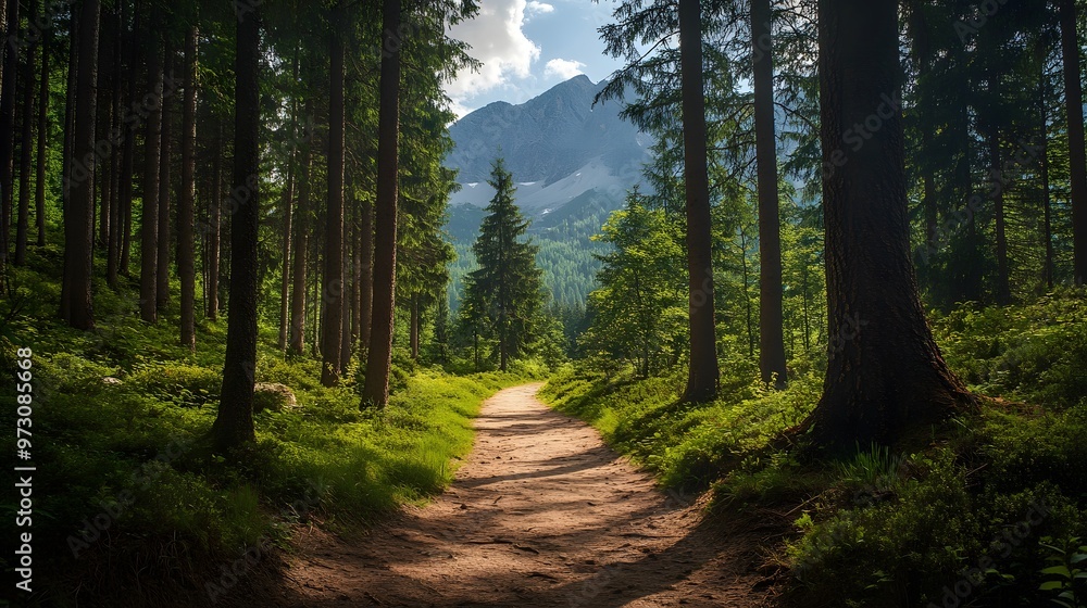 Fototapeta premium Path through pine forest leading to a mountain, outdoor adventure and exploration.