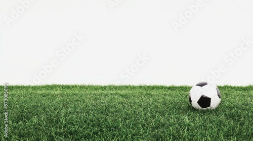 soccer ball real still life photo, on a green soccer field, closeup shot, cut out, isolated on white, on the bottom part of the frame