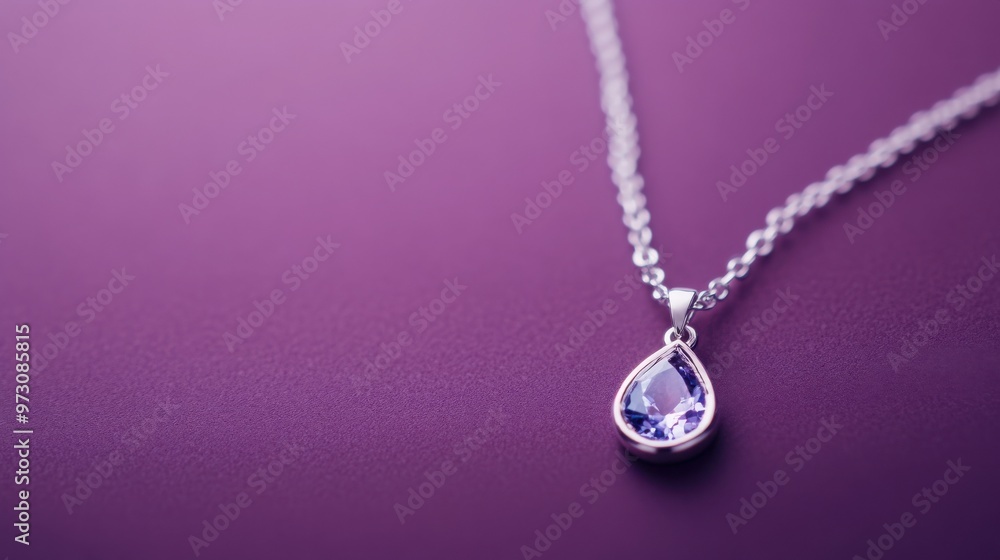 Photograph of a delicate silver necklace with a teardrop sapphire pendant against an isolated deep plum background. Photograph of a delicate silver necklace with a teardrop sapphire pendant against an isolated deep plum background.