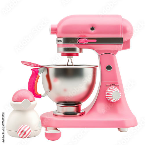 Pink stand mixer with metal bowl and cute kitchen accessories, perfect for baking and cooking enthusiasts., transparent background photo