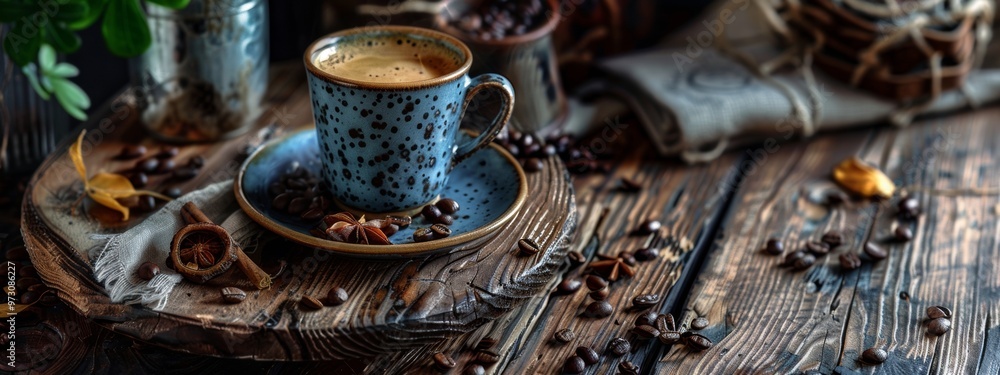 Rustic coffee setup with ceramic cup on wooden table Rustic coffee setup with ceramic cup on wooden table