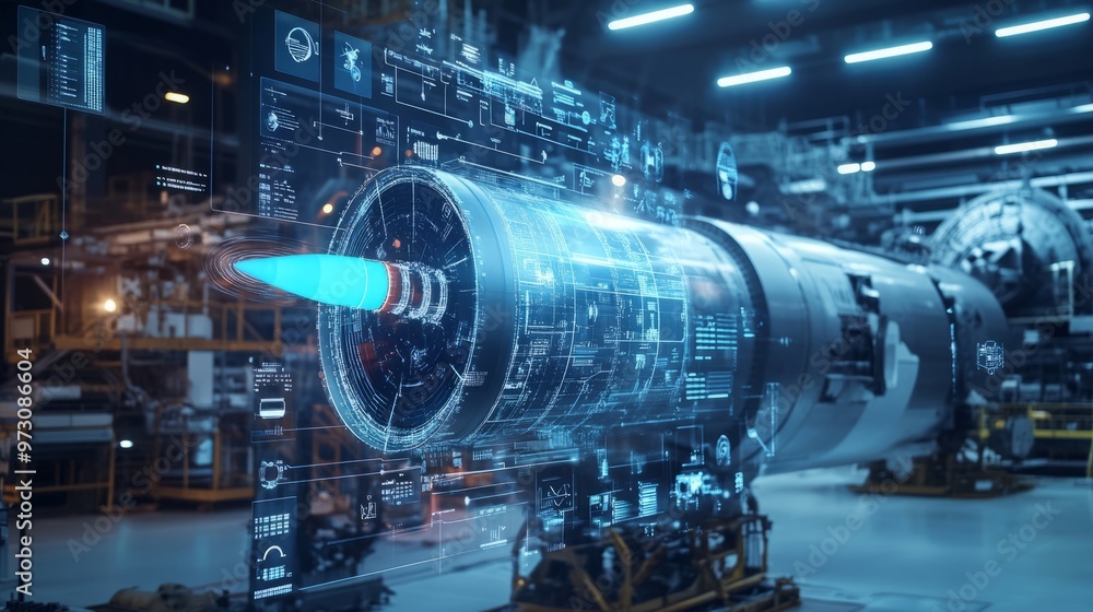 Digital twin of an industrial air with digital overlay showing data and collaboration icons, highlighting the integration between blue rocket on one side Digital twin of an industrial air with digital overlay showing data and collaboration icons, highlighting the integration between blue rocket on one side