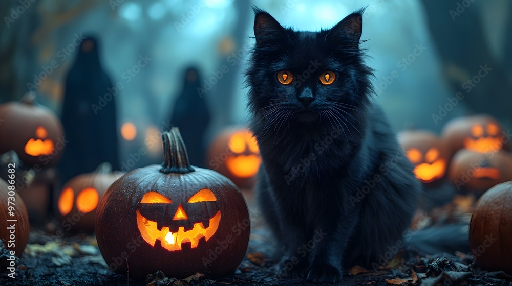 Black cat with glowing eyes sitting beside a row of carved pumpkins, with ghostly figures in the background. Black cat with glowing eyes sitting beside a row of carved pumpkins, with ghostly figures in the background.