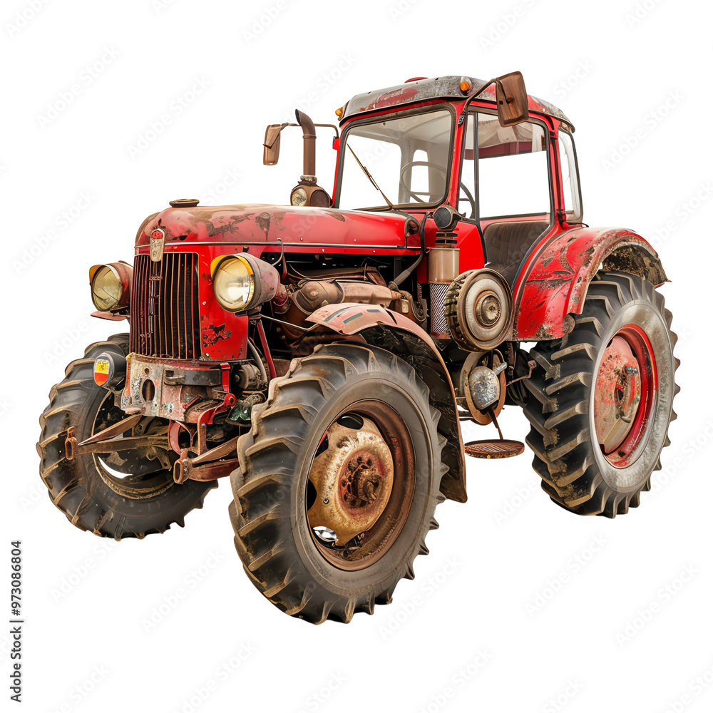 Obraz premium Vintage red tractor on white background, showcasing rustic charm and mechanical detail. Ideal for agricultural and rural-themed projects., transparent background