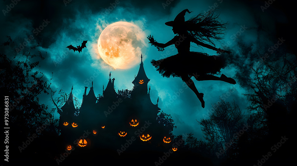 Witch flying over a haunted house with jack o lanterns and ghosts, casting spells under a glowing full moon. Witch flying over a haunted house with jack o lanterns and ghosts, casting spells under a glowing full moon.