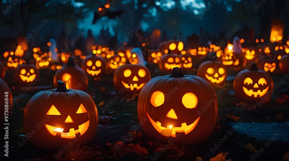 Group of jack o lanterns glowing brightly in a graveyard, with ghostly figures and a witch flying in the distance. Group of jack o lanterns glowing brightly in a graveyard, with ghostly figures and a witch flying in the distance.