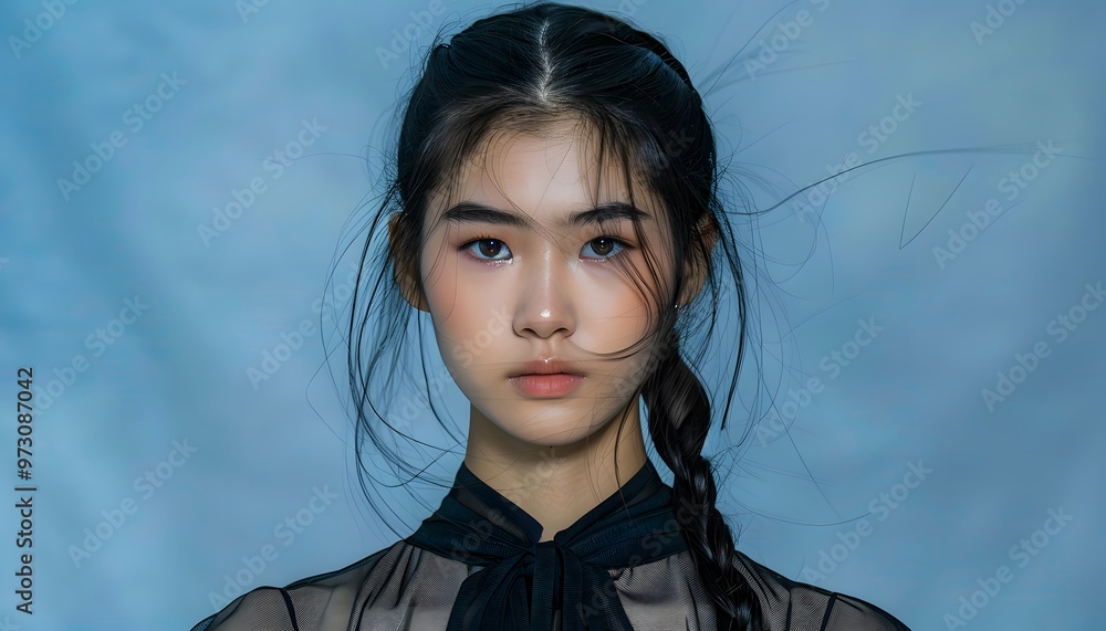 Radiant Asian woman on beige canvas for facial harmony. Radiant Asian woman on beige canvas for facial harmony.