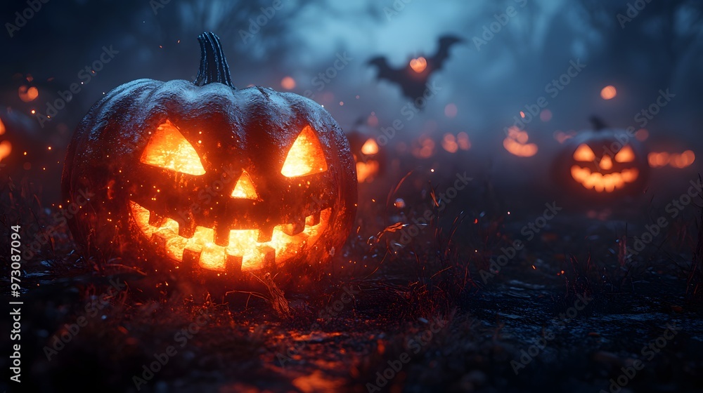 Jack o lanterns glowing brightly on a dark, foggy night, with witches and ghosts flying in the background. Jack o lanterns glowing brightly on a dark, foggy night, with witches and ghosts flying in the background.