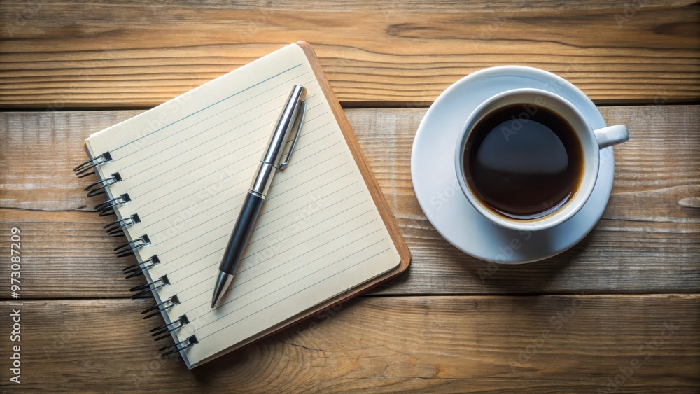 Stock photo of an opened notepad with a pen and coffee cup nearby Stock photo of an opened notepad with a pen and coffee cup nearby