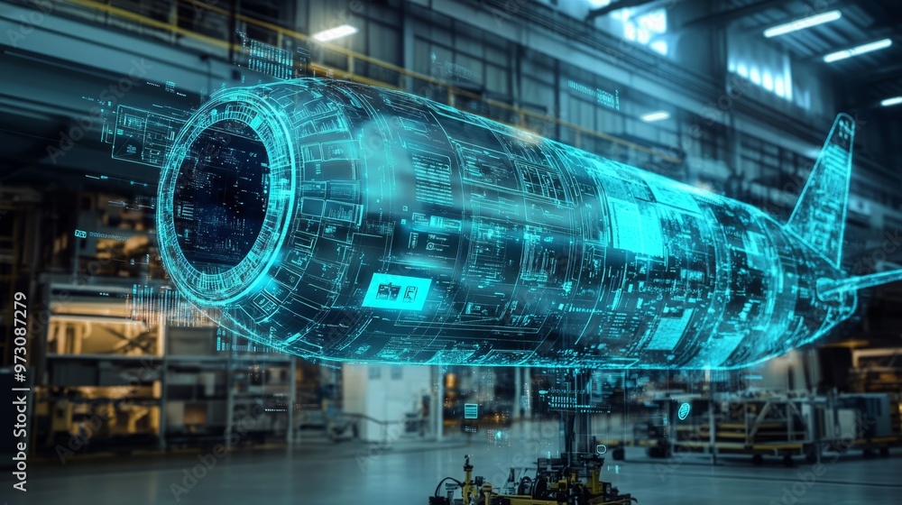 Digital twin of an industrial air with digital overlay showing data and collaboration icons, highlighting the integration between blue rocket on one side Digital twin of an industrial air with digital overlay showing data and collaboration icons, highlighting the integration between blue rocket on one side