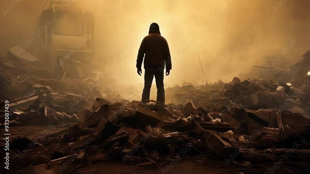 Lone man stands atop a pile of rubble, illuminated by the sun shining through the smoke filled sky as he surveys the apocalyptic landscape Lone man stands atop a pile of rubble, illuminated by the sun shining through the smoke filled sky as he surveys the apocalyptic landscape