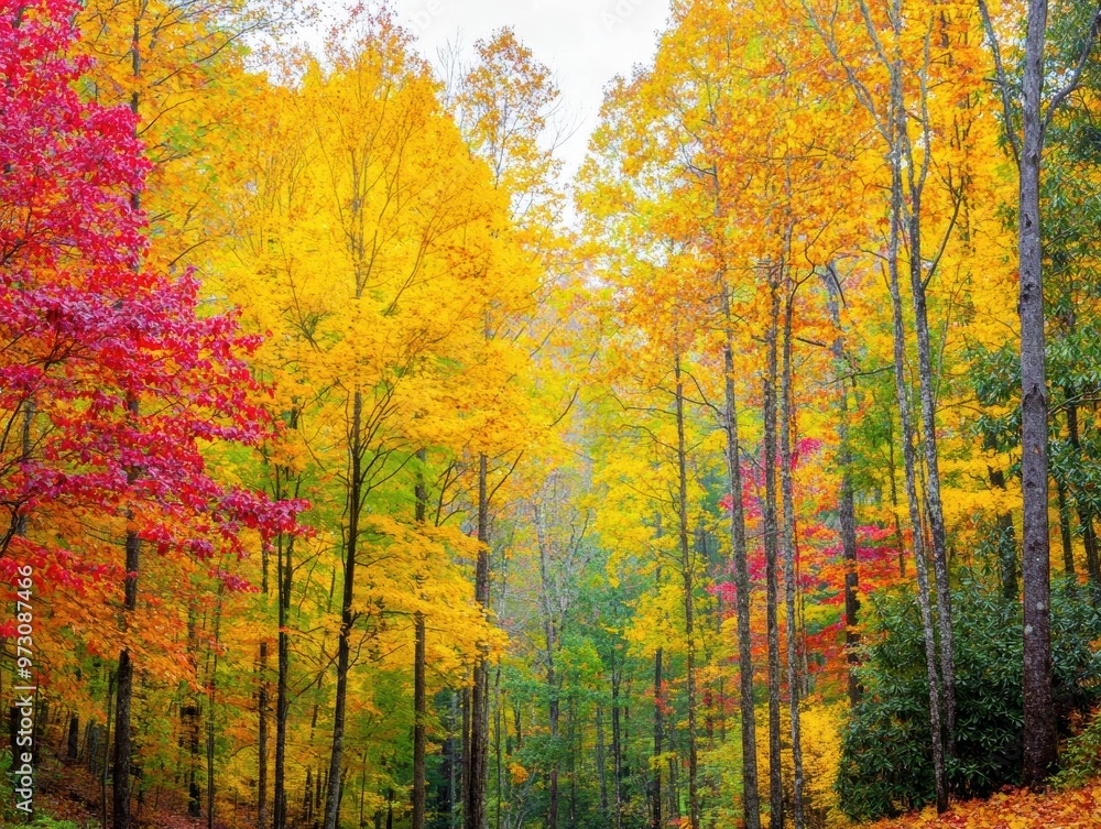 Fototapeta premium Thanksgiving trees in a peaceful forest setting, with crisp autumn leaves The calm, serene atmosphere captures the essence of fall, perfect for seasonal content with room for copy