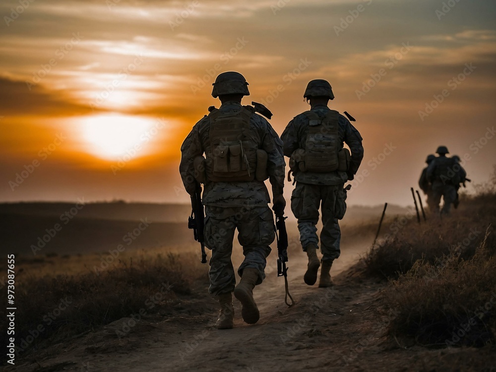 Silhouetted soldiers walking towards the sunset Silhouetted soldiers walking towards the sunset
