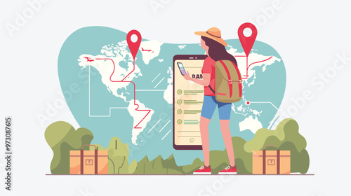 Woman traveler using smartphone for online air ticket booking with travel routes pointers, carrying baggage, airplane taking off, starting vacation, holiday journey, vector illustration.