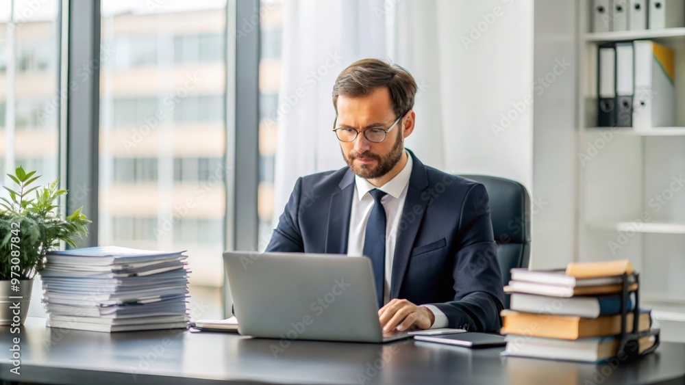 Overworked lawyer with many stack files at office desk Overworked lawyer with many stack files at office desk