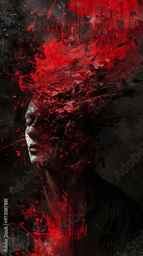 Abstract digital art with a woman's face emerging from a red and black splash.