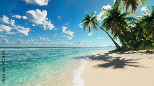 Tropical Beach with Crystal Clear Water, Palm Trees, and a Bright Blue Sky