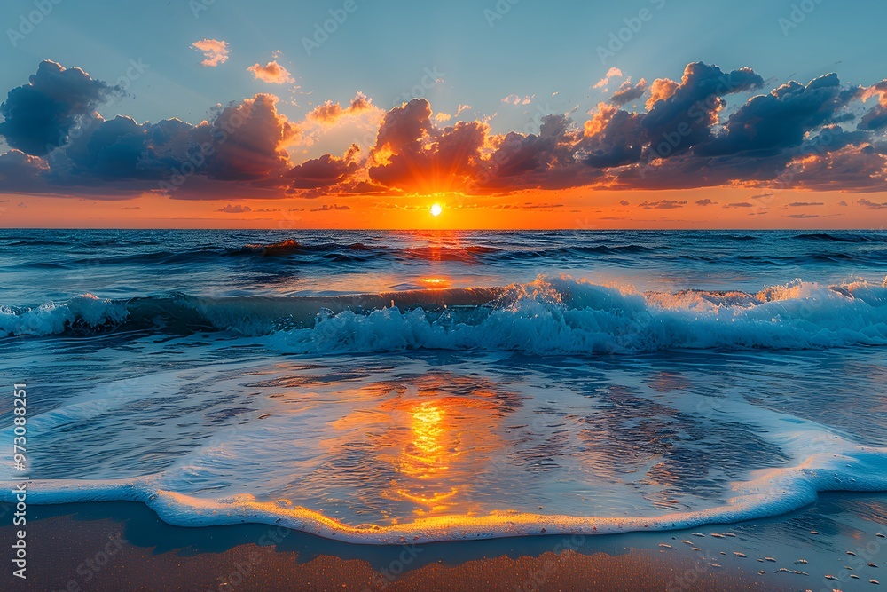 Fototapeta premium Breathtaking sunset over calm ocean waves and reflective water surface.