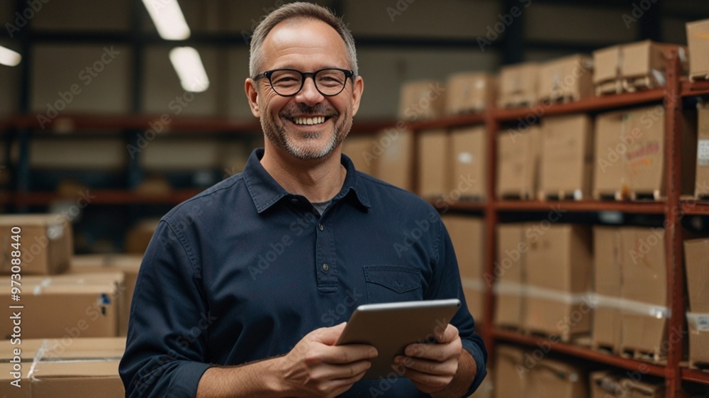man using tablet computer in warehouse man using tablet computer in warehouse