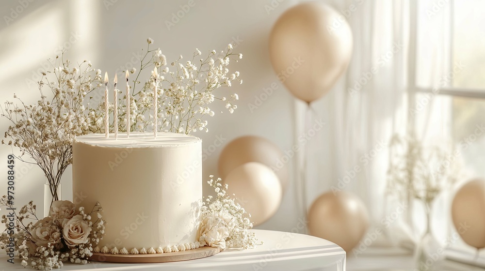 Birthday Cake with Candles and Baby's Breath Flowers Birthday Cake with Candles and Baby's Breath Flowers