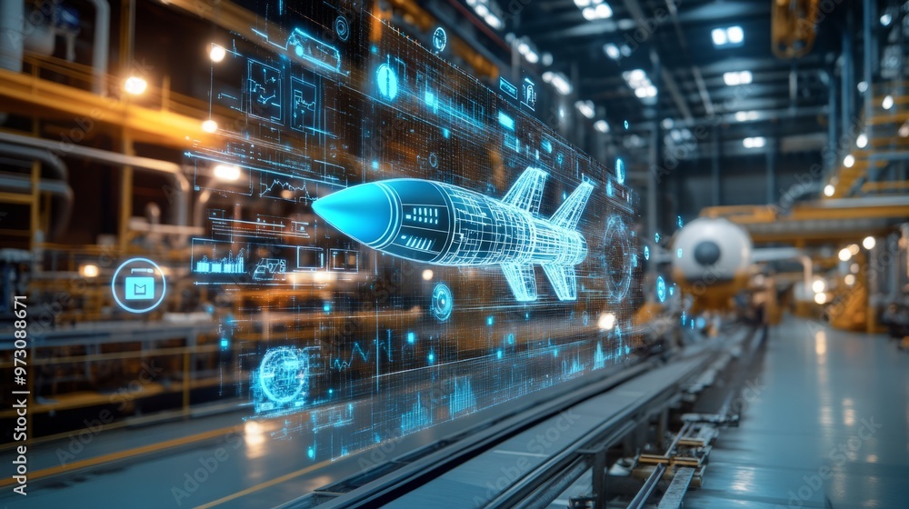 Digital twin of an industrial air with digital overlay showing data and collaboration icons, highlighting the integration between blue rocket on one side Digital twin of an industrial air with digital overlay showing data and collaboration icons, highlighting the integration between blue rocket on one side