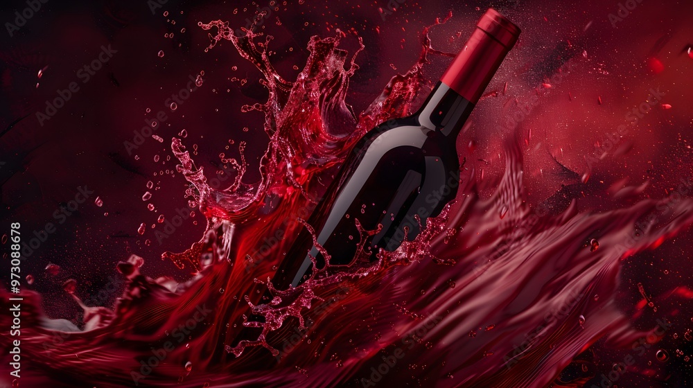 Fototapeta premium Wine Bottle with Red Wine Splash: A wine bottle with a splash of red wine flowing around it. 