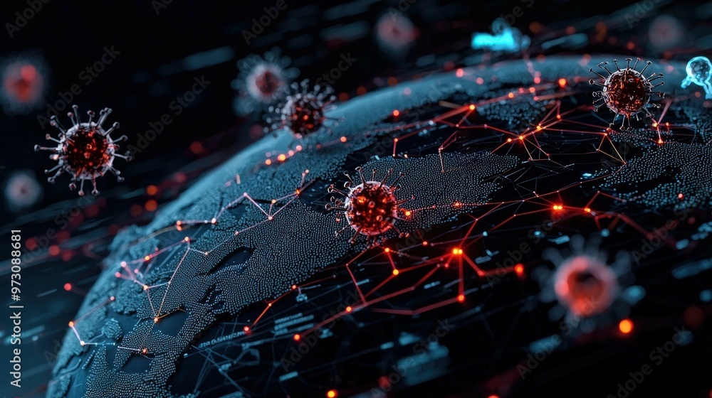 A digital globe depicting viral outbreaks and interconnected networks, illustrating the impact of global health challenges. A digital globe depicting viral outbreaks and interconnected networks, illustrating the impact of global health challenges.