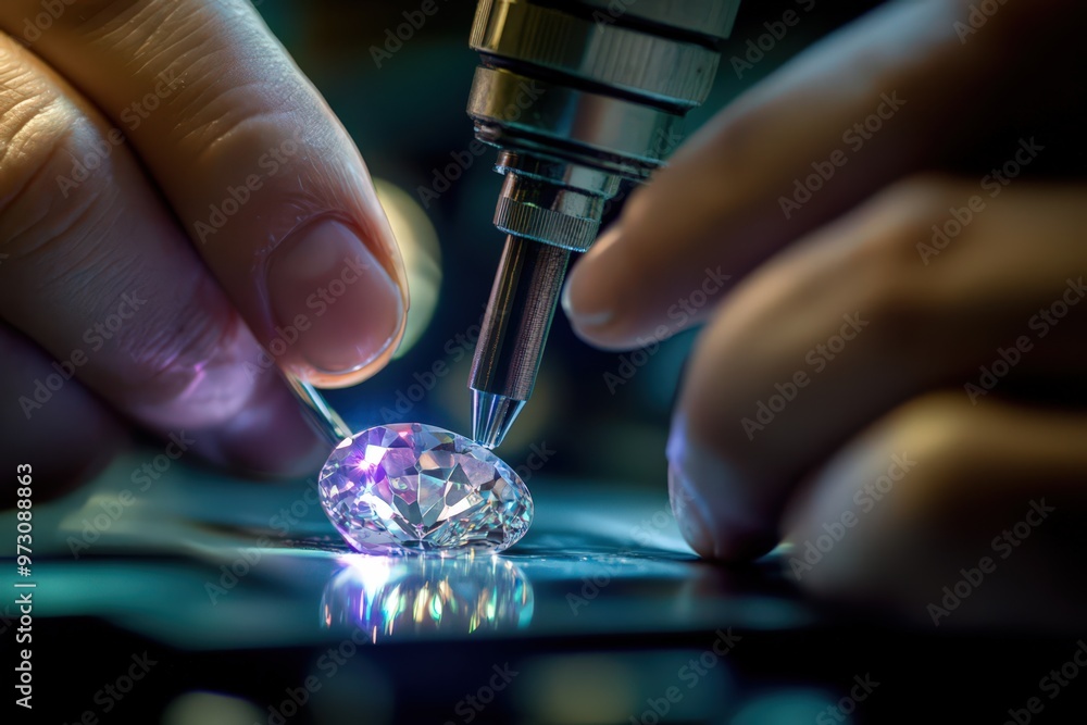 Jeweler polishing gemstone with precision tools in detailed close-up Jeweler polishing gemstone with precision tools in detailed close-up