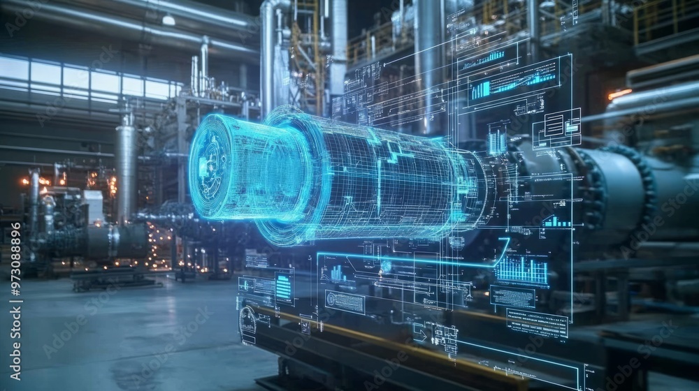 Digital twin of an industrial air with digital overlay showing data and collaboration icons, highlighting the integration between blue rocket on one side Digital twin of an industrial air with digital overlay showing data and collaboration icons, highlighting the integration between blue rocket on one side