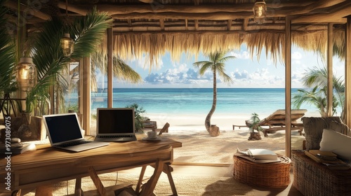 Create an image of a digital nomad working from a chic beachside bungalow, with a laptop