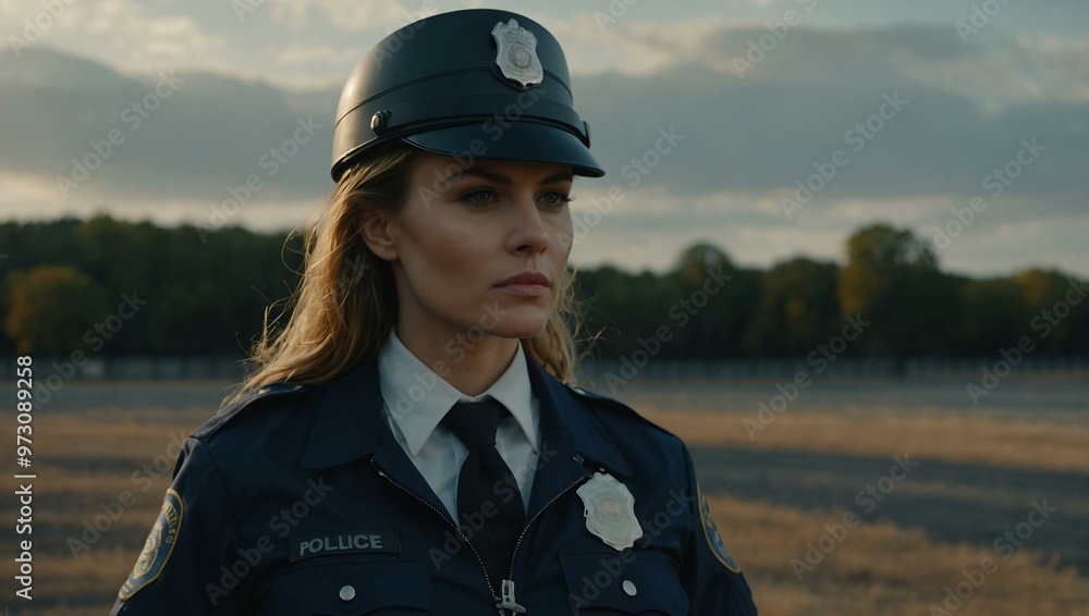 Stylish female police officer holding helmet outdoors Stylish female police officer holding helmet outdoors
