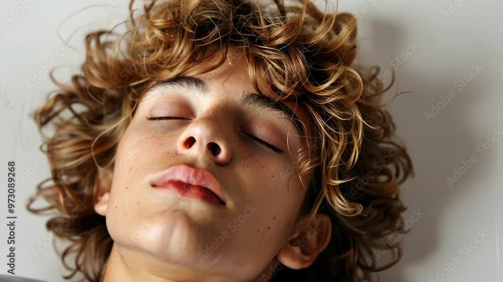 A young man with curly hair resting peacefully on a plain surface in a calm environment A young man with curly hair resting peacefully on a plain surface in a calm environment