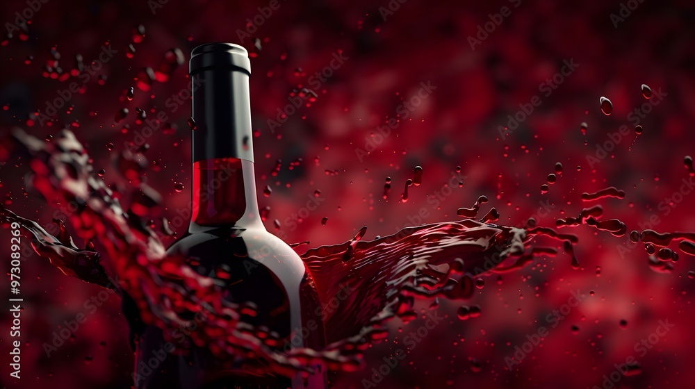 Fototapeta premium Wine Bottle with Red Wine Splash: A wine bottle with a splash of red wine flowing around it. 