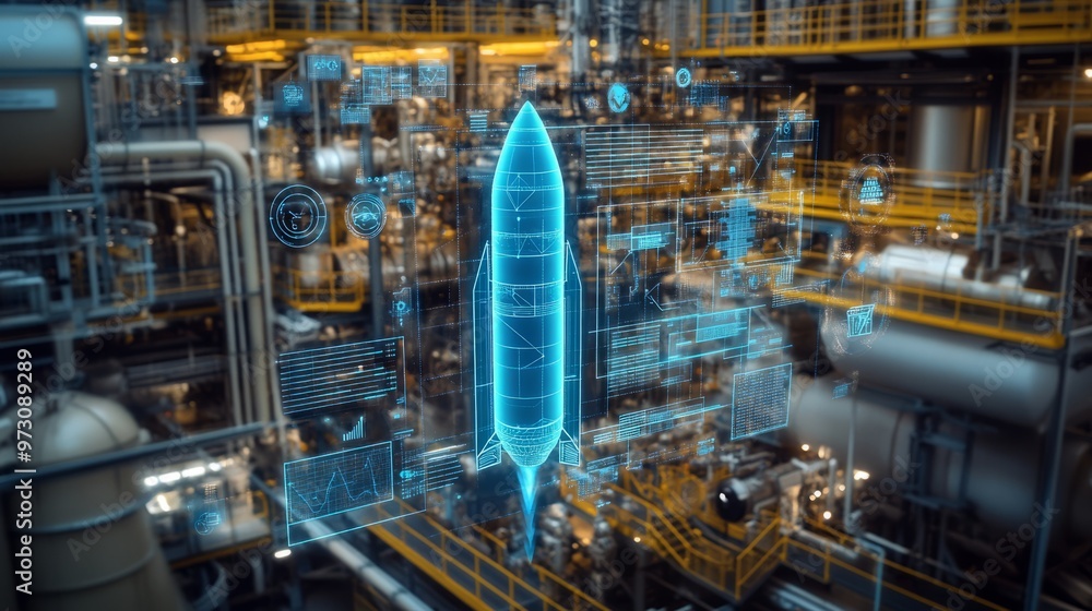 Digital twin of an industrial air with digital overlay showing data and collaboration icons, highlighting the integration between blue rocket on one side Digital twin of an industrial air with digital overlay showing data and collaboration icons, highlighting the integration between blue rocket on one side