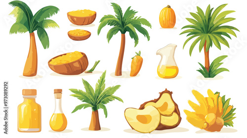 Cartoon Palm Oil Palms Trees Crude Seeds Harvest isolated on white background