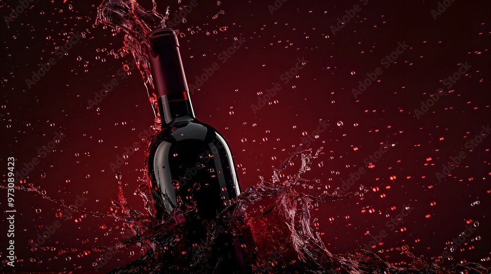 Fototapeta premium Wine Bottle with Red Wine Splash: A wine bottle with a splash of red wine flowing around it. 