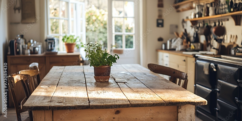 Rustic wooden table with a potted plant in a kitchen with a window in the background. Rustic wooden table with a potted plant in a kitchen with a window in the background.