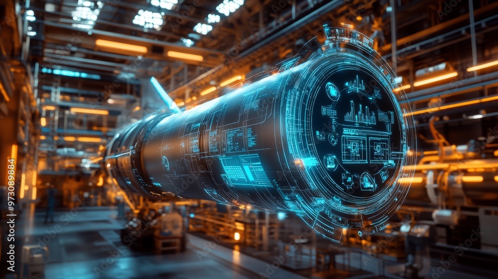 Digital twin of an industrial air with digital overlay showing data and collaboration icons, highlighting the integration between blue rocket on one side Digital twin of an industrial air with digital overlay showing data and collaboration icons, highlighting the integration between blue rocket on one side