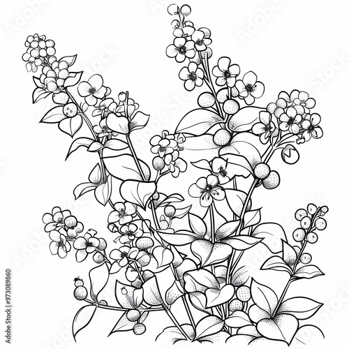 Botanical Harmony: Intricate Line Art of Flowering Plants and Berries 