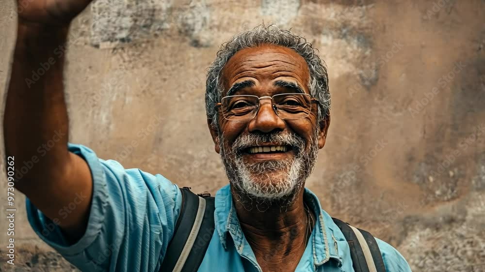 Smiling elderly man waves hello in a vibrant urban setting during sunny afternoon Smiling elderly man waves hello in a vibrant urban setting during sunny afternoon