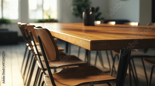 Sleek wooden dining table with minimalist metal chairs