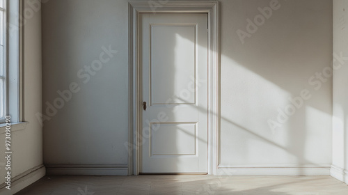 A white door stands alone inside a room.