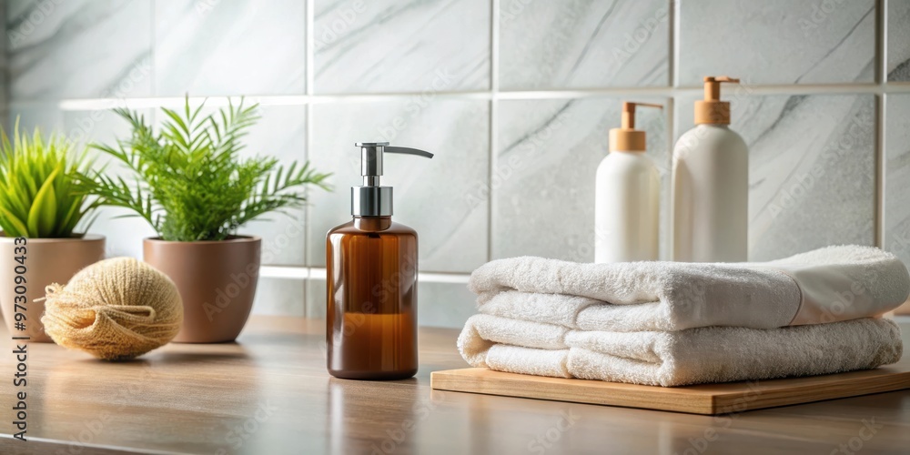 Ceramic shampoo soap bottle and towels on bathroom counter with copy space Ceramic shampoo soap bottle and towels on bathroom counter with copy space