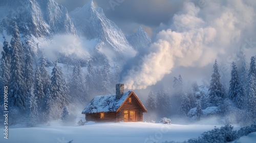 Dense smoke billows from the chimney of a cozy cabin nestled in a snowy landscape, blending with the winter fog and creating a warm ambiance