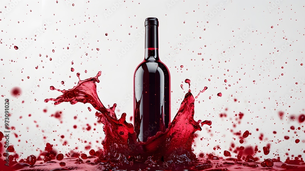 Fototapeta premium Wine Bottle with Red Wine Splash: A wine bottle with a splash of red wine flowing around it. 