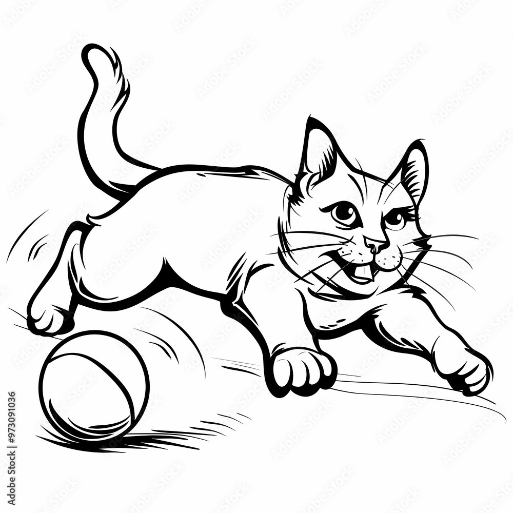 Playful Kitten Fun: A Joyful Cat Chasing a Ball Coloring Page Illustration Playful Kitten Fun: A Joyful Cat Chasing a Ball Coloring Page Illustration